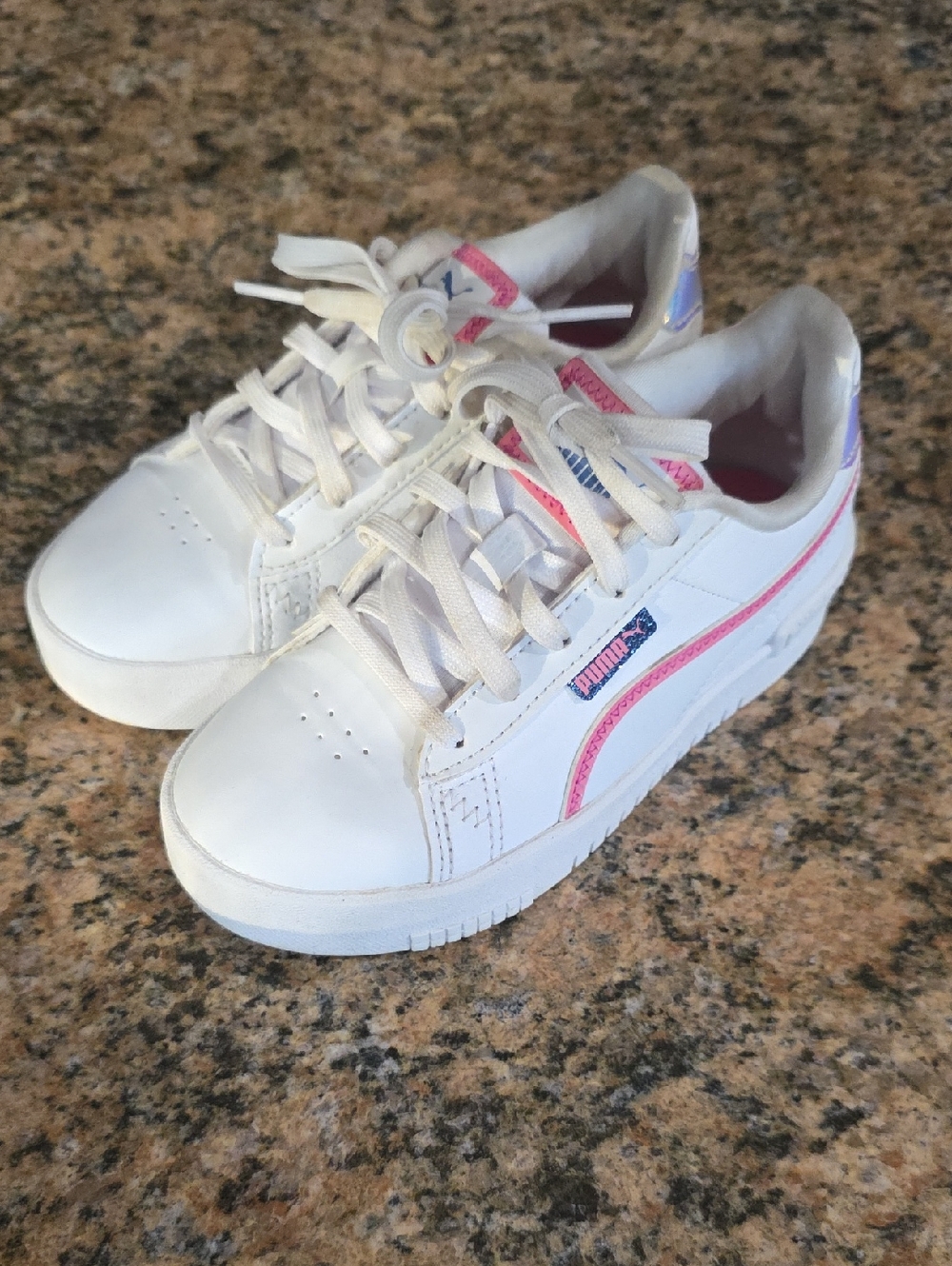Girls Puma White Sneakers with Pink Accents Size 12Y